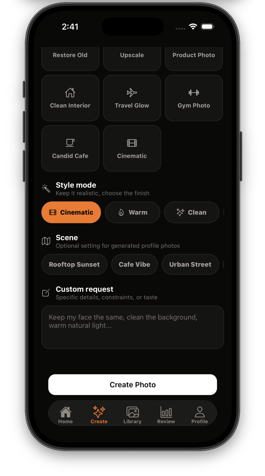 Magnt create screen for AI photo enhancement